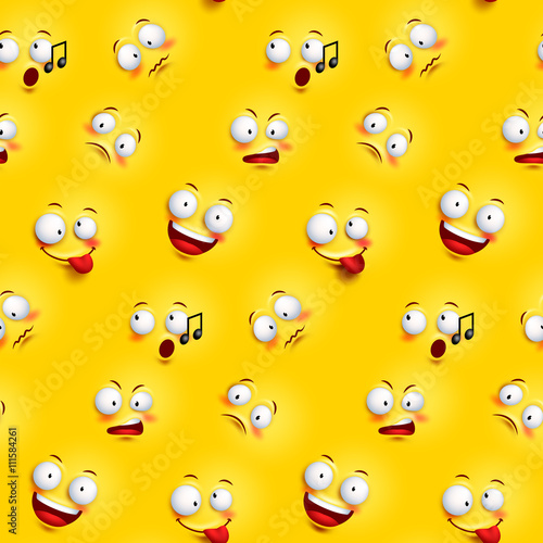 Seamless smiley face pattern with funny facial expressions in continuous yellow background. Vector illustration
