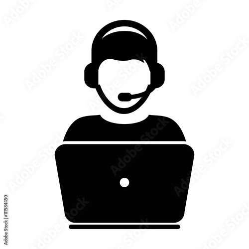 Customer Service Icon Vector User Person Profile Avatar With Laptop and Headphone in Glyph Pictogram illustration