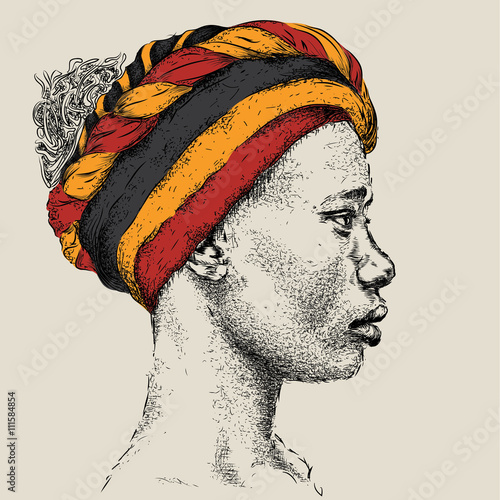 Pretty African American Girl in a turban with Paisley. Beautiful black woman. Profile view. Hand draw vector illustration