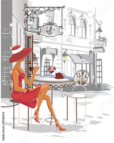 Fashion girl in the street cafe. 
