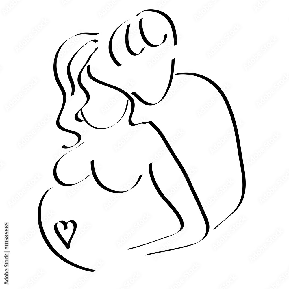 Pregnant woman with her husband, family, waiting for the child, vector sketch