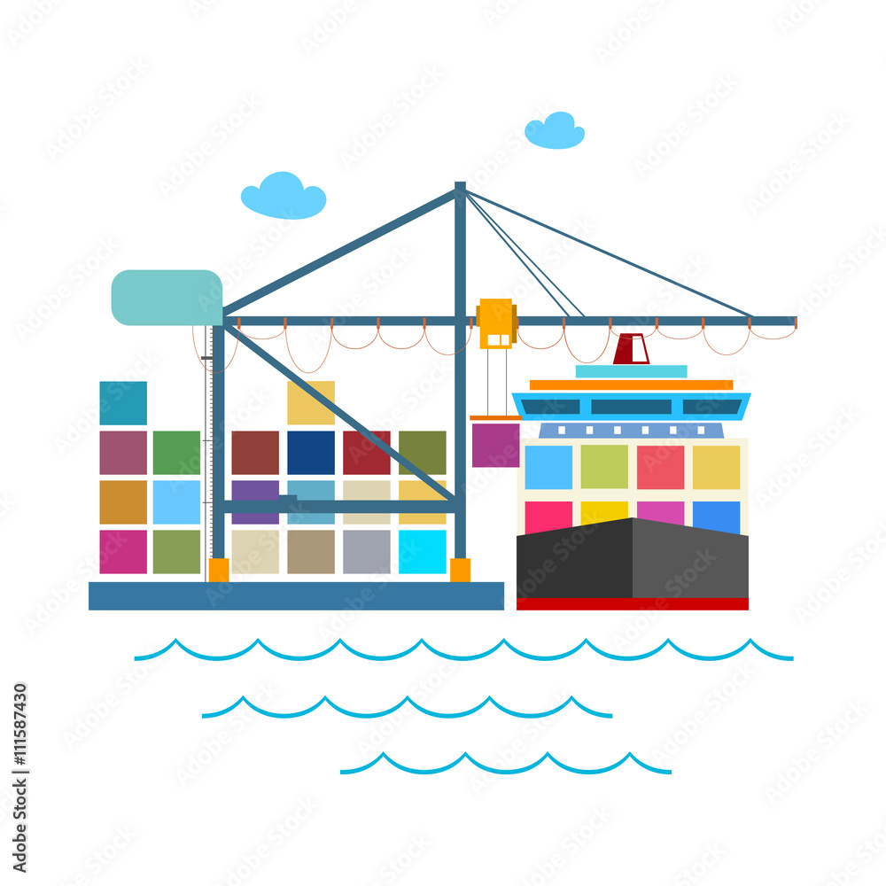 Cargo Container Ship at the Dock Isolated on White, Unloading Containers from a Cargo Ship in a Seaport with Cargo Crane, International Freight Transportation, Vector Illustration Cargo Container Ship at the Dock Isolated on White, Unloading Containers from a Cargo Ship in a Seaport with Cargo Crane, International Freight Transportation, Vector Illustration