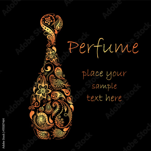 Patterned bottle of perfume. Batik, doodle, zentangle design. It may be used for design of a t-shirt, bag, postcard and poster. 