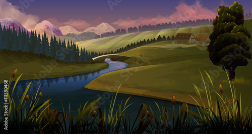 Nature, landscape river evening, vector background