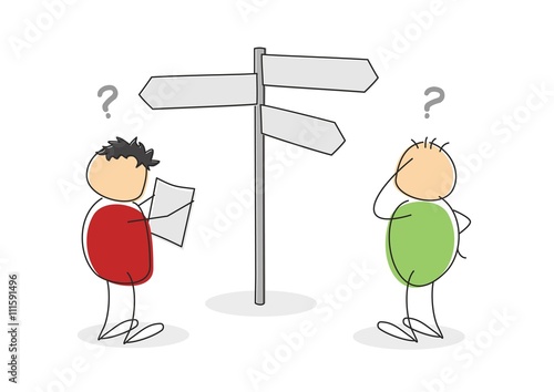Two lost colorful cartoon stick figure tourists