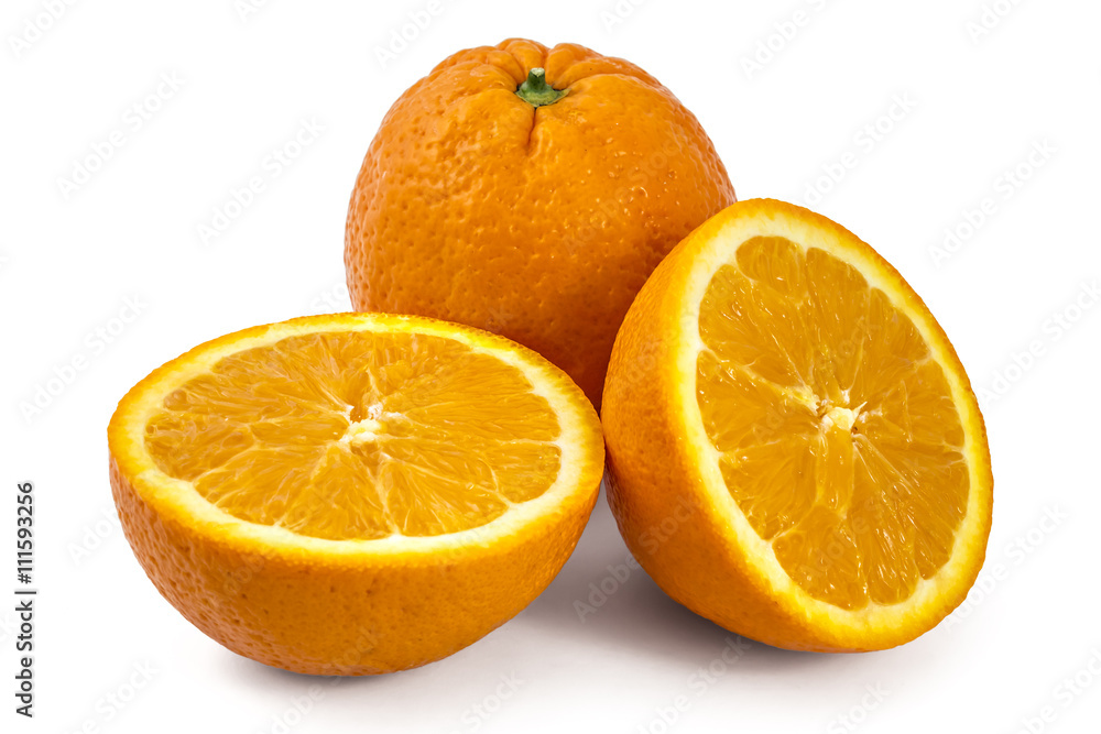 Two raw organic oranges, one cutted in half, isolated on white background Two raw organic oranges, one cutted in half, isolated on white background