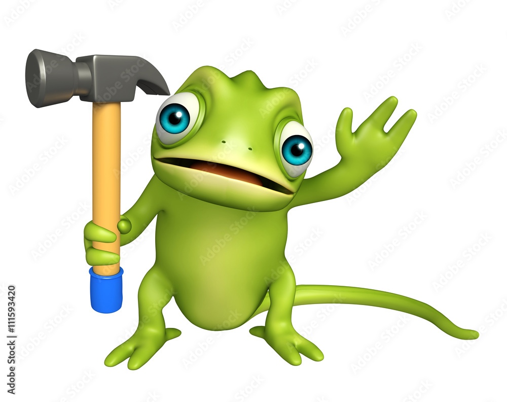 Fototapeta premium cute Chameleon cartoon character with hammer