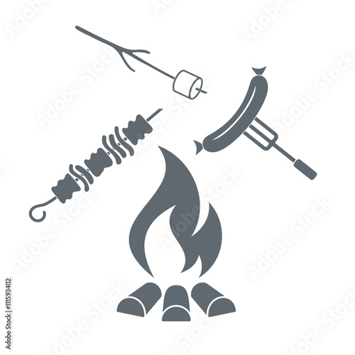 Fire, marshmellow, kebab and sausage icon on white background. V