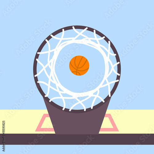 Flat basketball backboard and flying ball vector illustration. Sport background