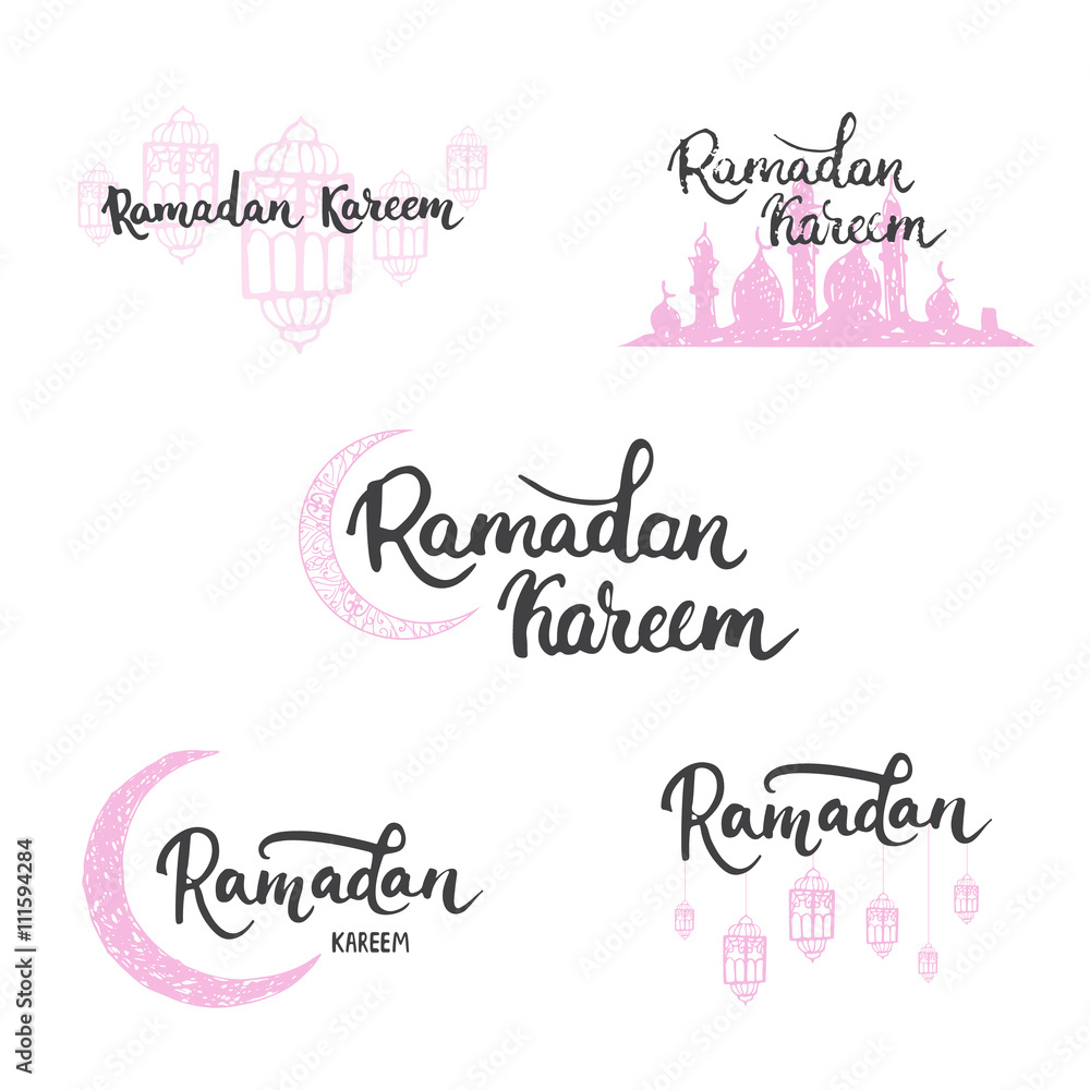 Ramadan Kareem greeting cards set background with lanterns, lettering and mosque. Vector illustration for Ramadan