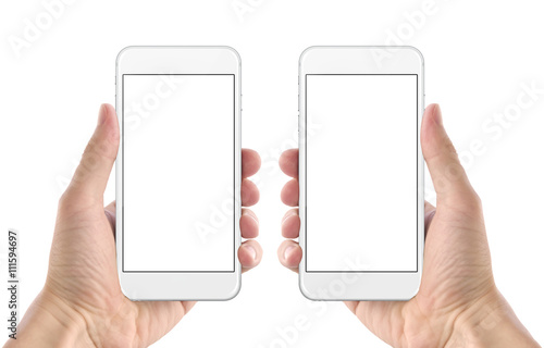 Smart phone in man hand. Isolated screen for mockup. Left and right hand, front side.