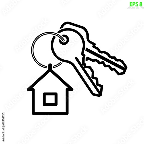 The keys from apartment with trinket in form house isolated on white. Vecctor, EPS 8