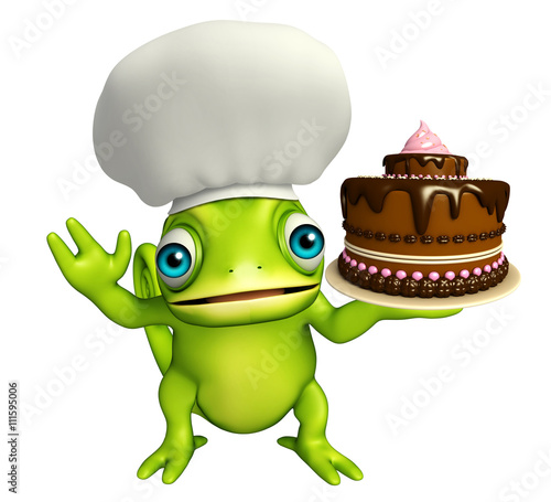 fun Chameleon cartoon character with cake and chef hat