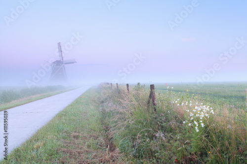 Dutch foggy farmland with windmill