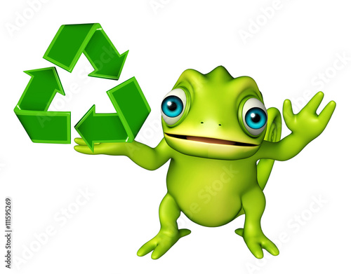 Chameleon cartoon character with recycle sign
