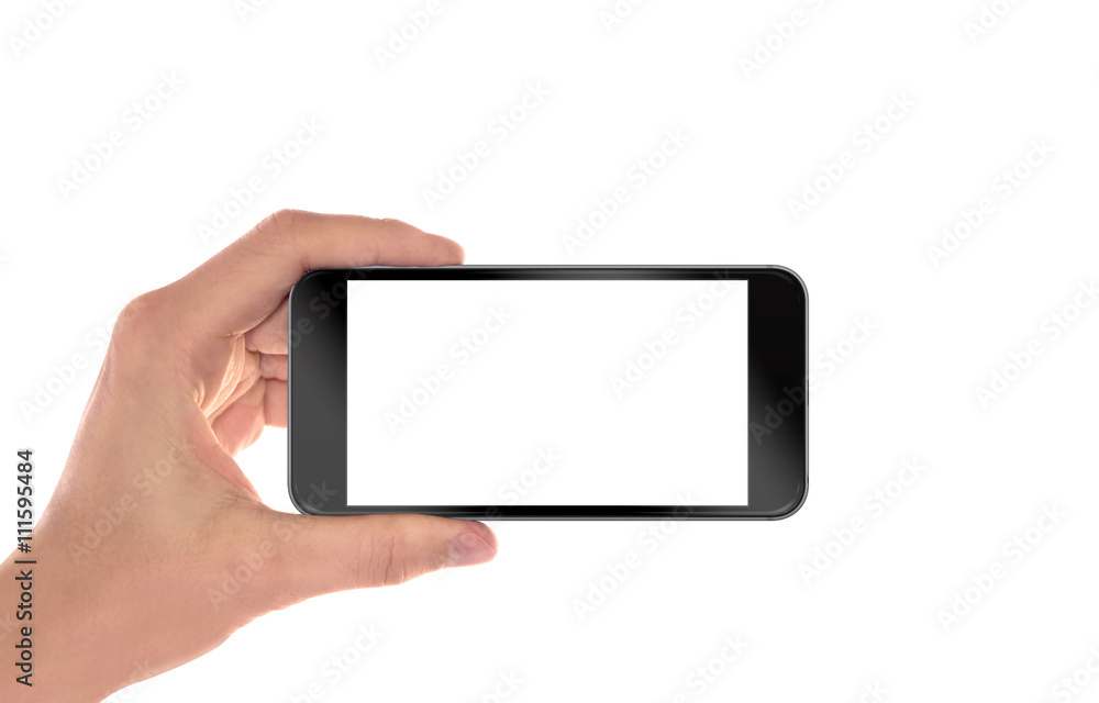Smart phone in man hand. Horizontal position. Isolated screen for mockup.