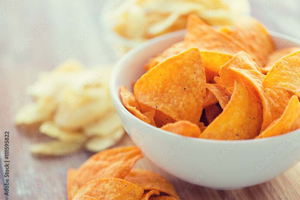 close up of corn crisps or nachos in bowl close up of corn crisps or nachos in bowl