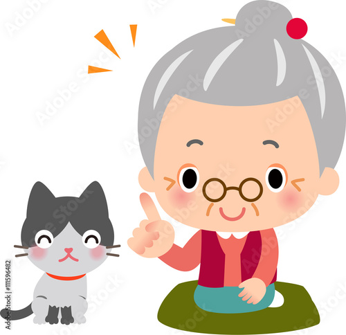 指差すレトロなおばあちゃんと猫