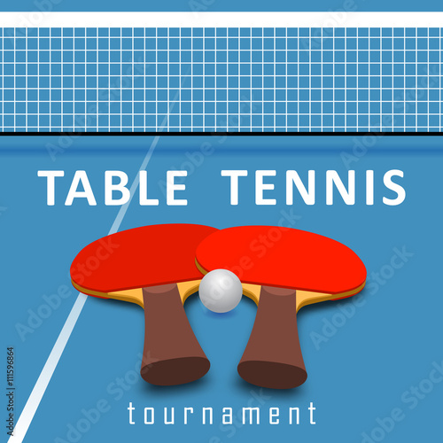 Two rackets and ball for playing table tennis. Ping pong. Illustration on blue ping pong table background. Sport design