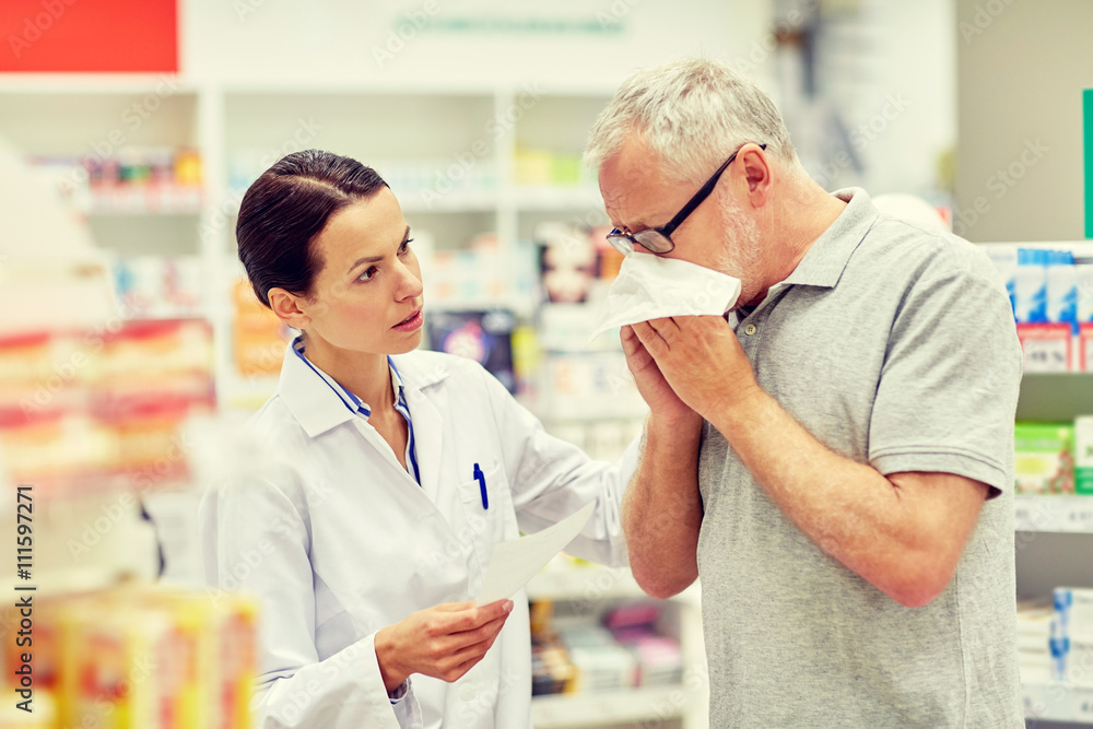 pharmacist and senior man with flu at pharmacy