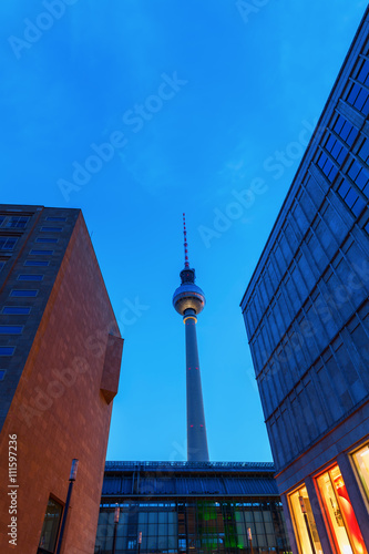 Television Tower of Berlin, Germany, seen from Alexanderplatz at dusk