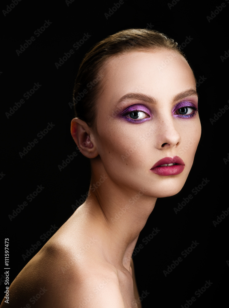 Beautiful woman with evening make-up and smooth hair combed Beautiful woman with evening make-up and smooth hair combed