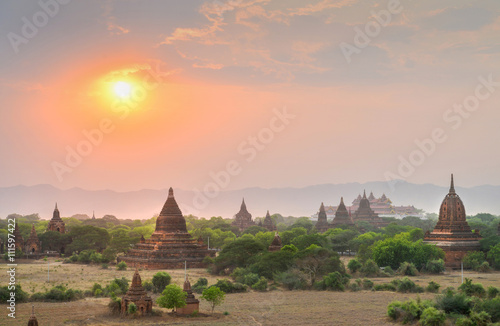 Group of ancient pagodas in Bagan at Sunset