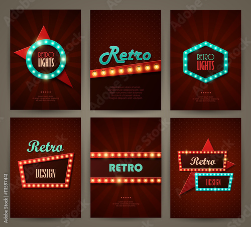 Set of brochures in retro style. Vector illustration. Retro light frames.