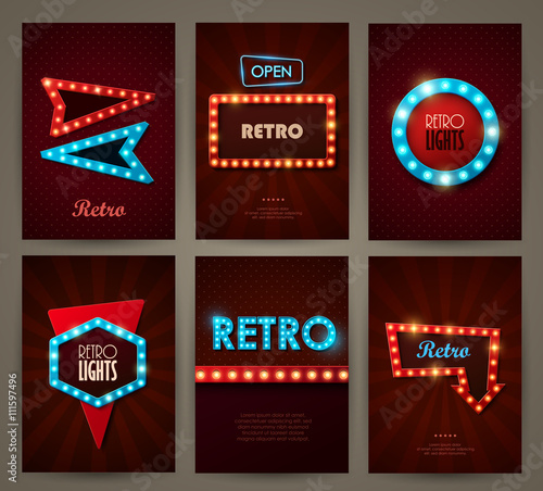 Set of brochures in retro style. Vector illustration. Retro light frames.