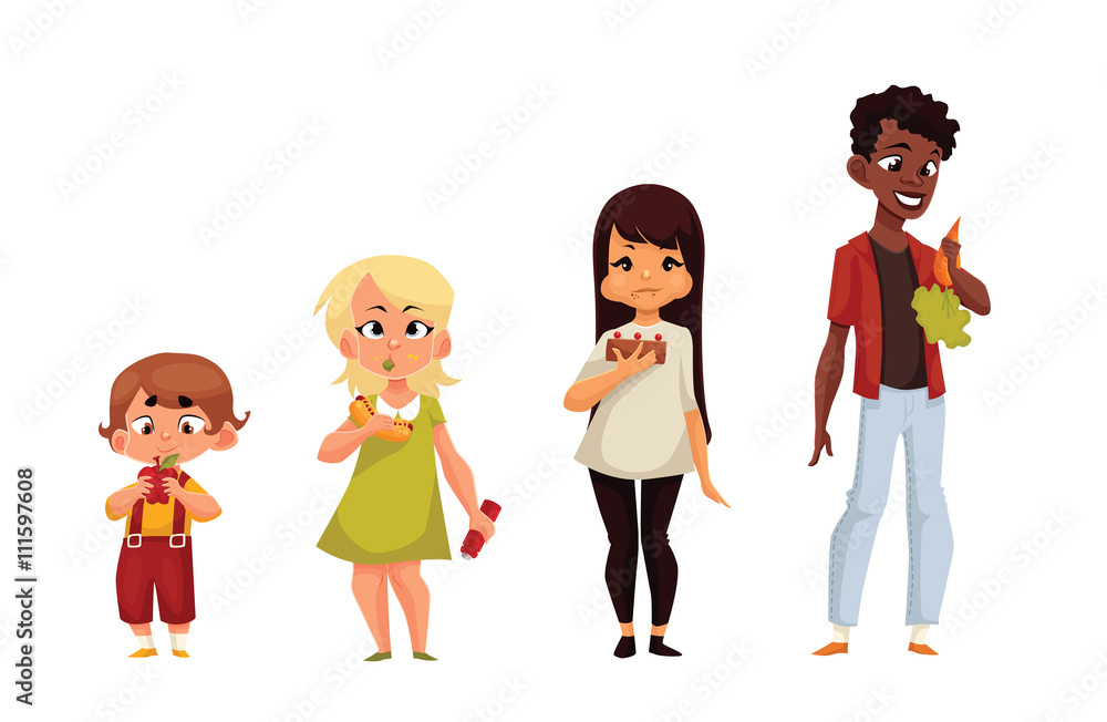 Other children eat different food, comic cartoon vector illustration isolated on white background, children eat a useful and healthy food that kids eat harmful calorie fast food, kids meals Other children eat different food, comic cartoon vector illustration isolated on white background, children eat a useful and healthy food that kids eat harmful calorie fast food, kids meals