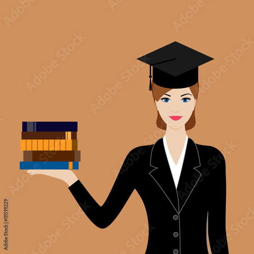 Graduate in black suit and cap with books