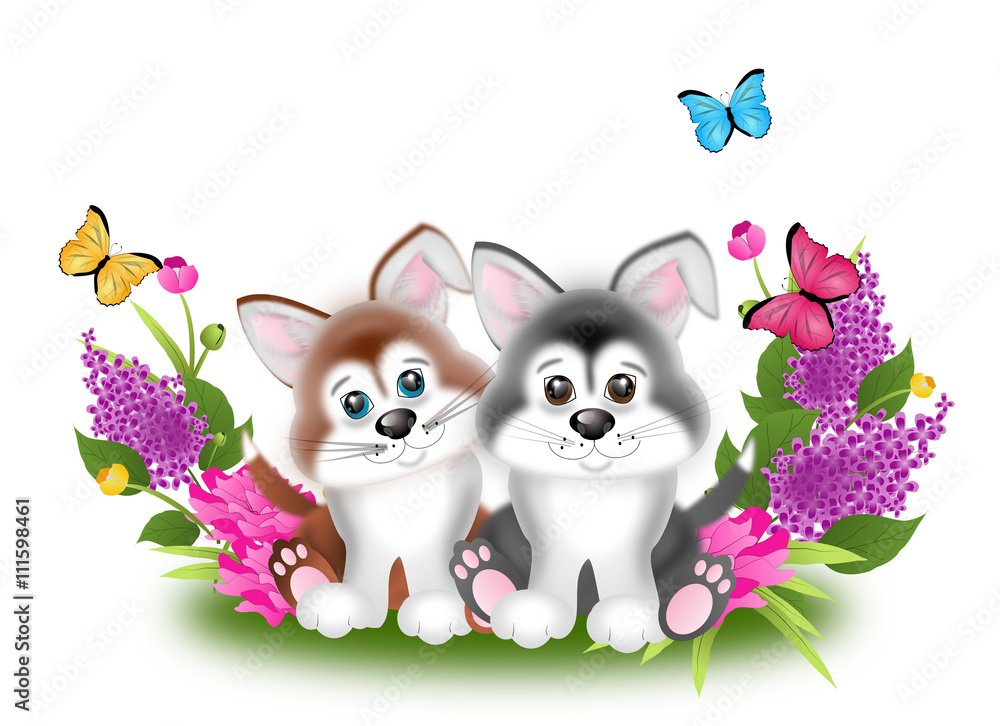 Two puppies with flowers Two puppies with flowers