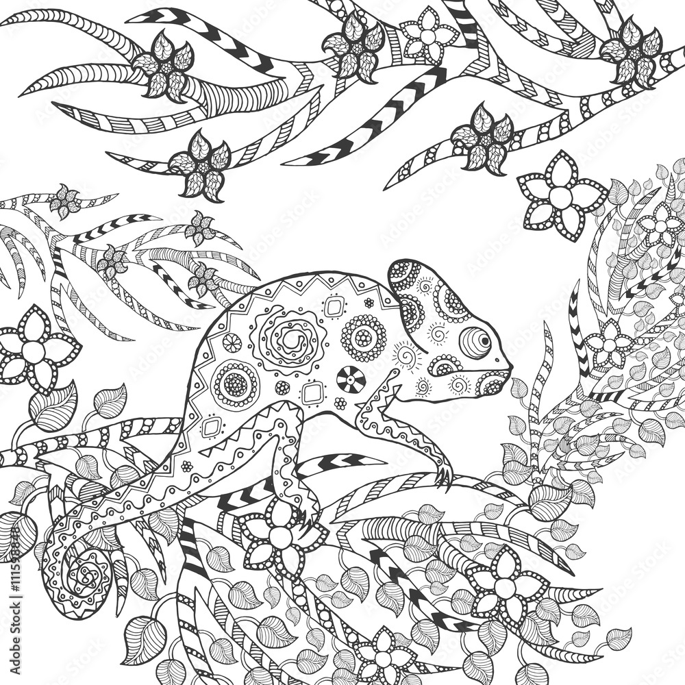 Fototapeta premium Cute chameleon in flowers. 