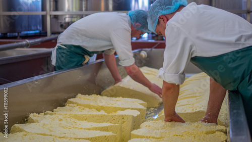 Two men begin to make blocks of cheese in a factory 