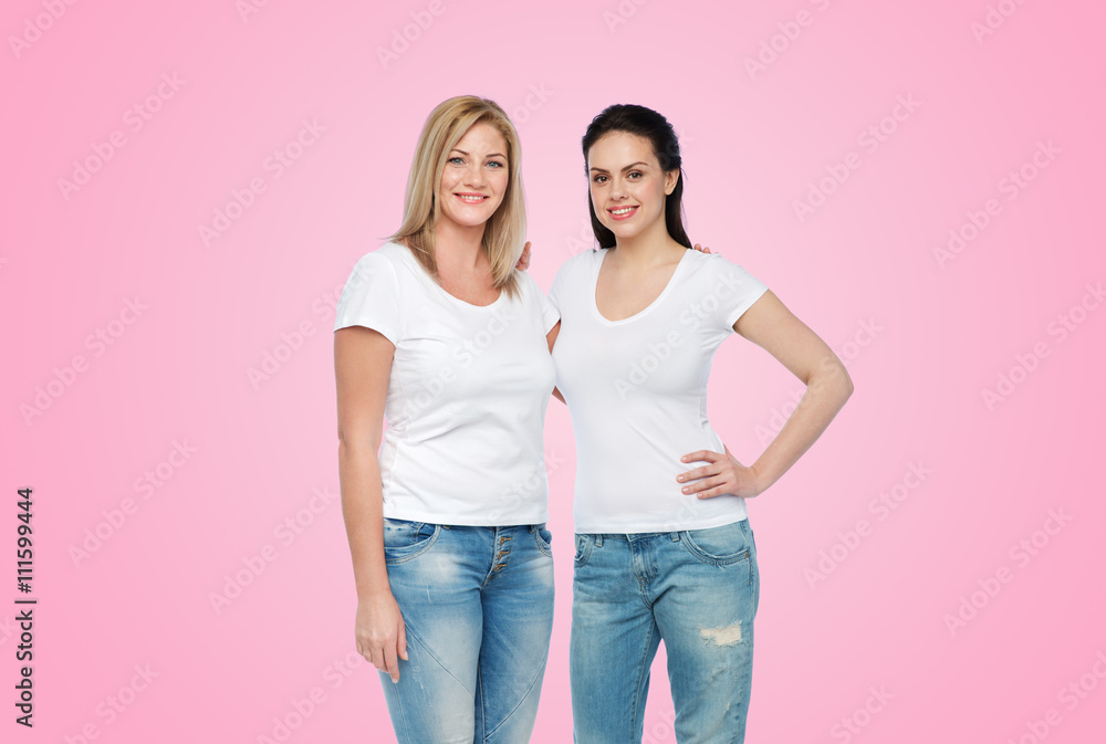 group of happy different women in white t-shirts group of happy different women in white t-shirts