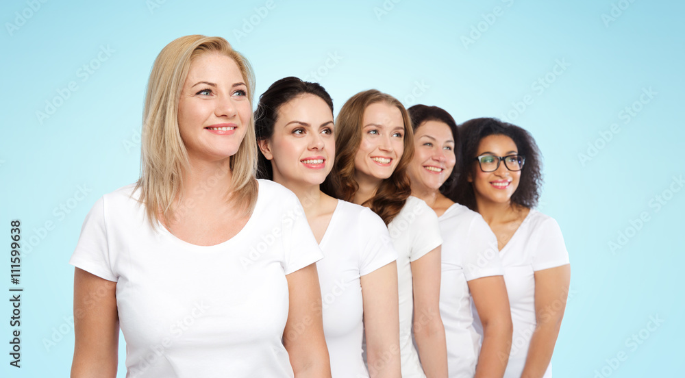group of happy different women in white t-shirts group of happy different women in white t-shirts