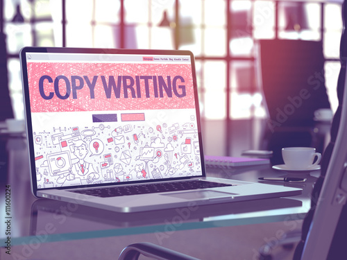 Copywriting Concept. Closeup Landing Page on Laptop Screen in Doodle Design Style. On Background of Comfortable Working Place in Modern Office. Blurred, Toned Image. 3D Render.