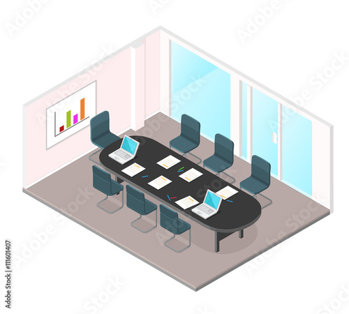 A vector illustration of a Business Meeting internet Icon.
Isometric conference room interior- Business meeting in modern office.
