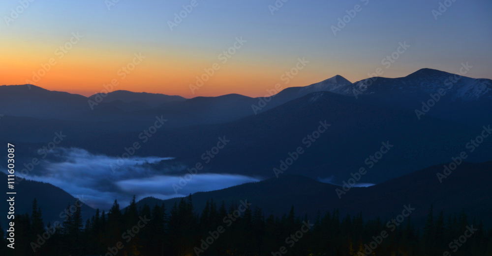 sunrise in Carpathian mountains - panorama