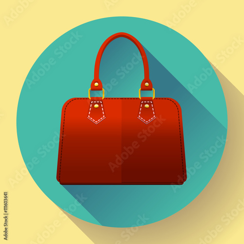 Red fashion women hand bag icon. Flat design style.