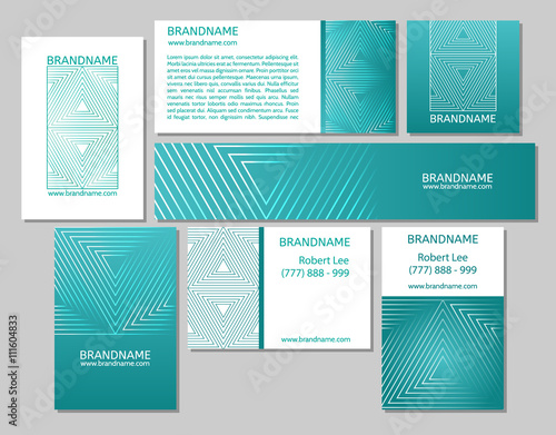 Vector set of business cards flayers banners with triangle pattern on a teal background.