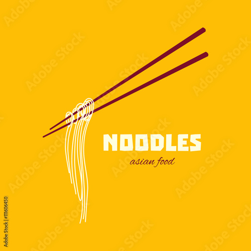 Chinese noodles and chopsticks poster. Chopsticks hovering in the air. Asian cuisine. Design template with place for your text.