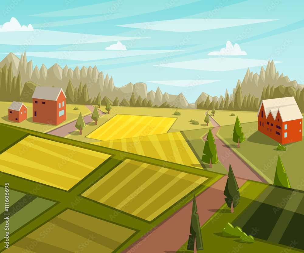 Farm Fresh Rural Landscape With Farmhouse Fields And Trees Cartoon