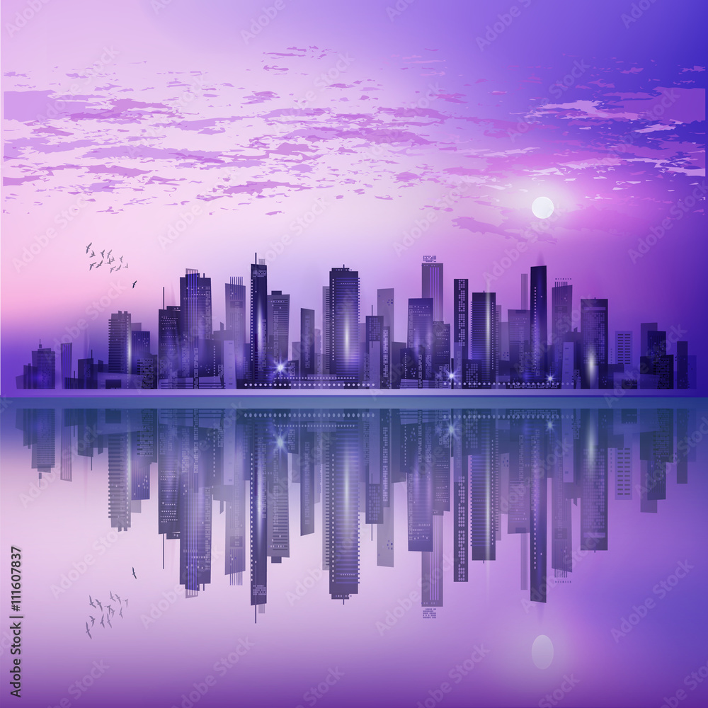 Modern night city landscape in moonlight or sunset, with reflection in water and cloudy sky