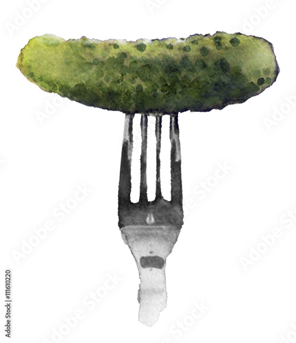 watercolor sketch of cucumber and fork on a white background