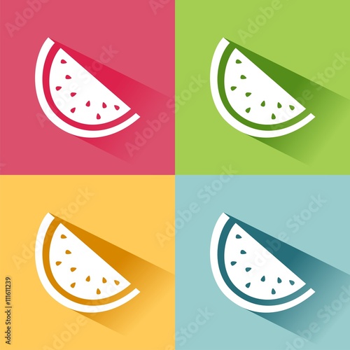 Icono de sandía con sombra sobre fondos de colores