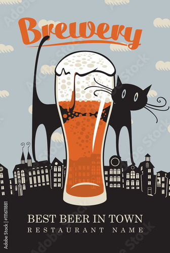 banner for the brewery with a cat on the roofs of the old town and a glass of beer