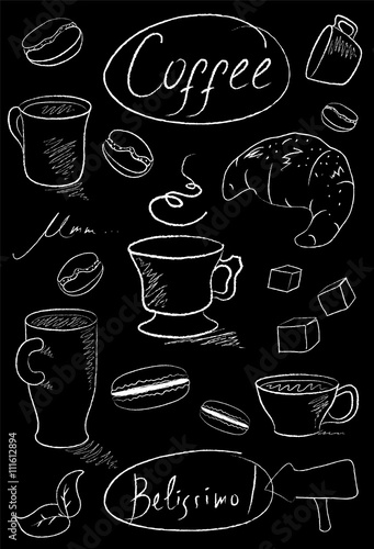Coffee cups set hand-drawn chalk on black vector illustration