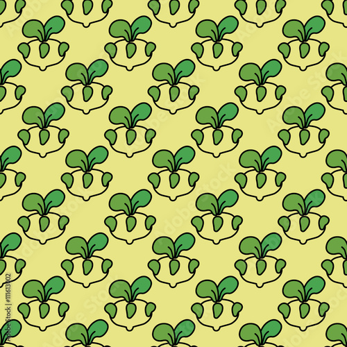 Seamless pattern kohlrabi cabbage on a light yellow background.