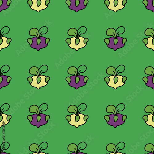Seamless pattern purple kohlrabi cabbage on a green background.
